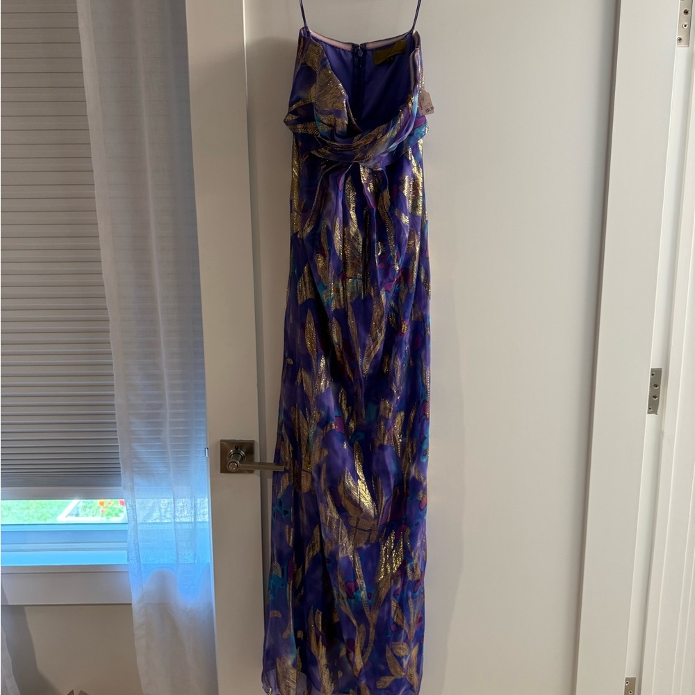 Nicole Miller Blue and Gold Spaghetti Strap Maxi Dress